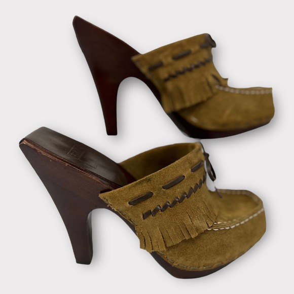 Frye (6.5) Lacey Suede Moccasin Slip-On Mule Heel Clog - Picture 3 of 12